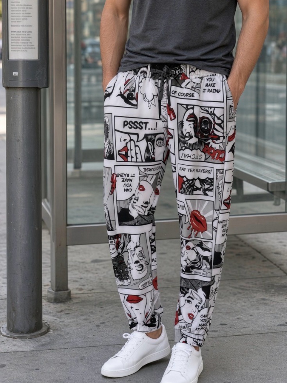 Men's Graphic Comic-Print Jogger Pants - White/Black/Red sz M